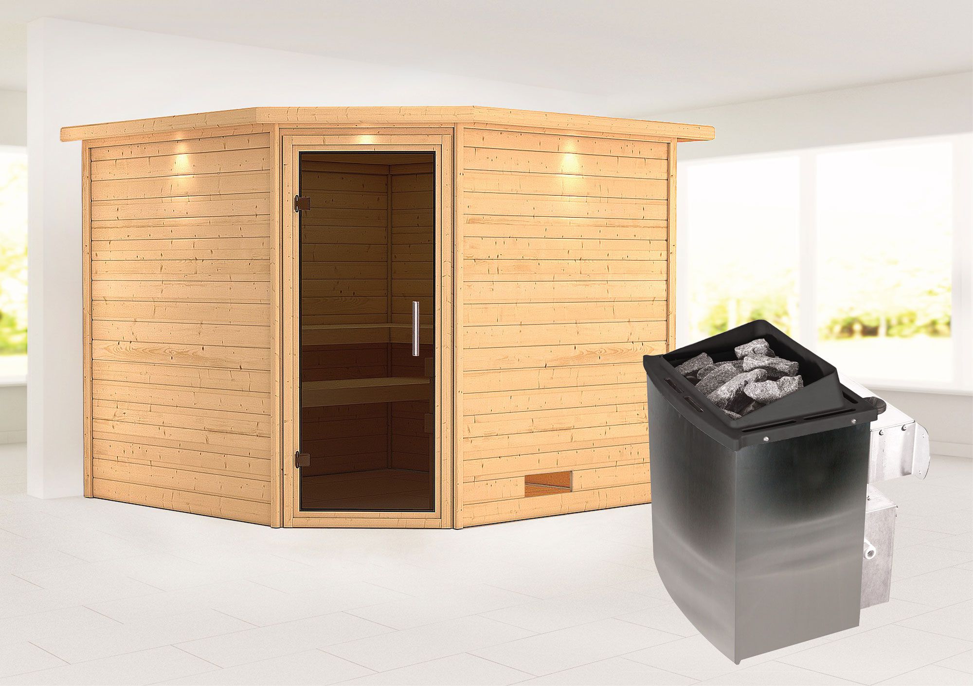 Sauna "Anesa" SET AKTION mit Kranz, graphitfarbener Tür & Ofen 9 kW - 259 x 245 x 202 cm (B x T x H)