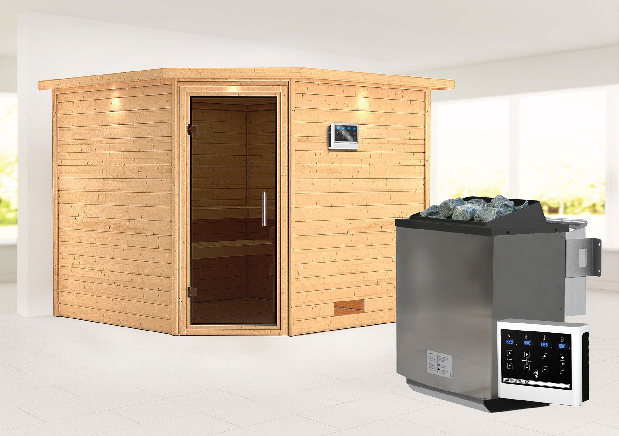 Sauna "Anesa" SET AKTION mit Kranz, graphitfarbener Tür & Ofen BIO 9 kW - 259 x 245 x 202 cm (B x T x H)