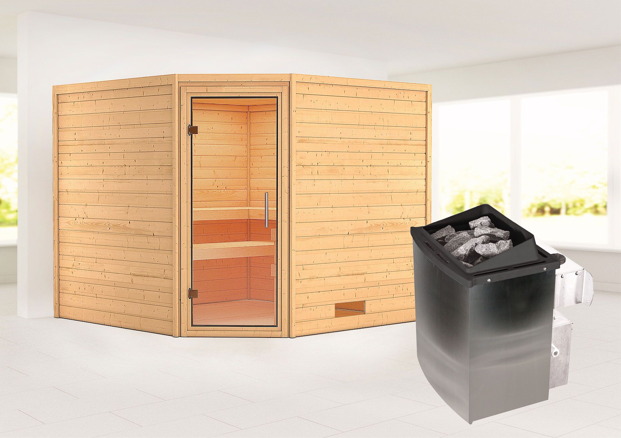 Sauna "Anesa" SET AKTION 2 mit Klarglastür und Ofen 9 kW - 231 x 231 x 198 cm (B x T x H)