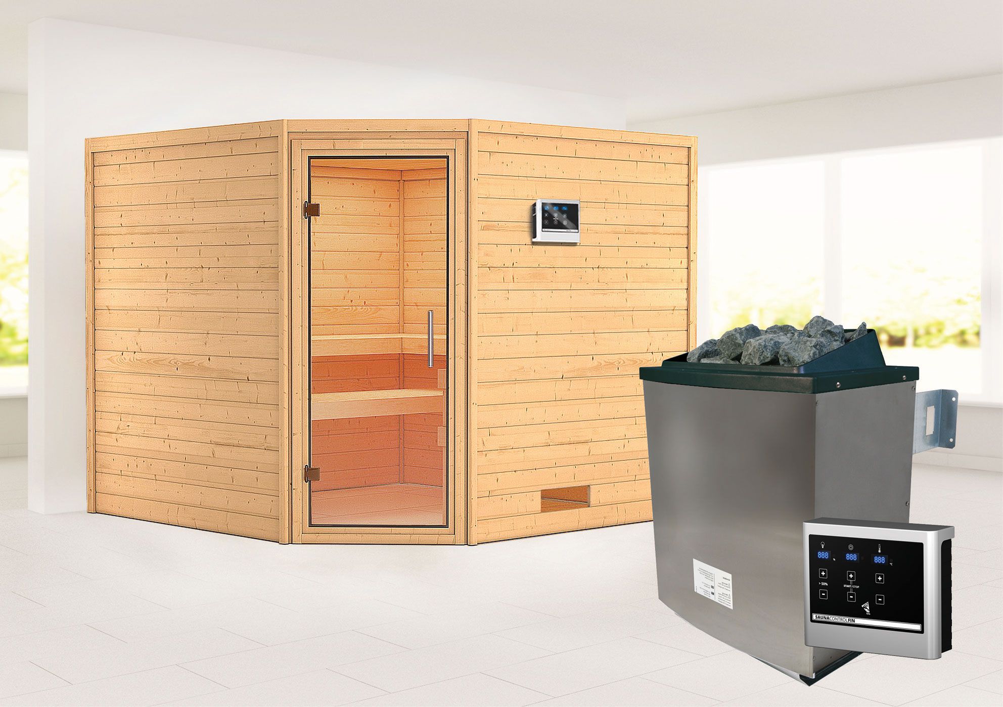 Sauna "Anesa" SET AKTION 2 mit Klarglastür und Ofen externe Steuerung easy 9 KW - 231 x 231 x 198 cm (B x T x H)