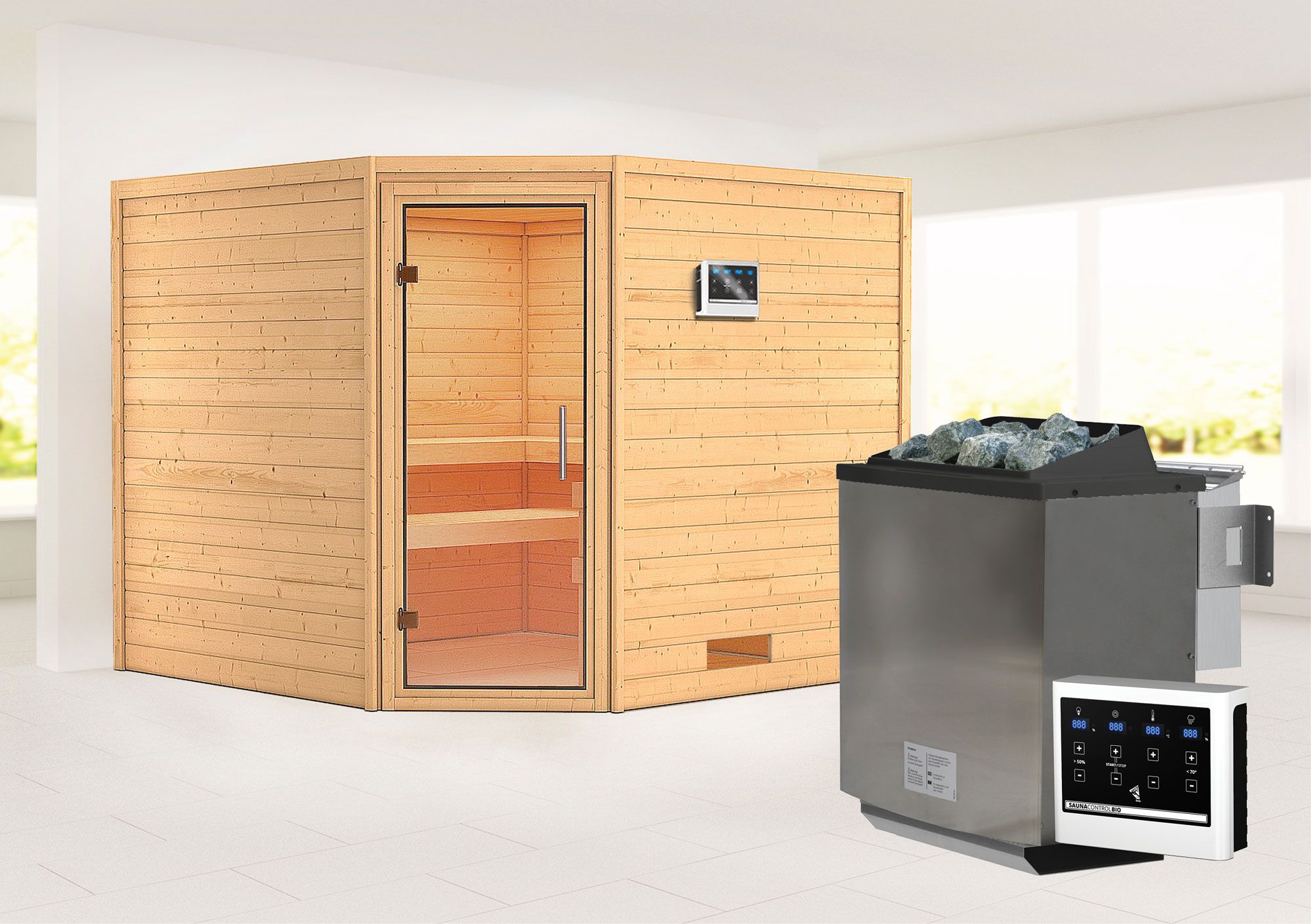 Sauna "Anesa" SET AKTION 2 mit Klarglastür und Ofen BIO 9 kW - 231 x 231 x 198 cm (B x T x H)