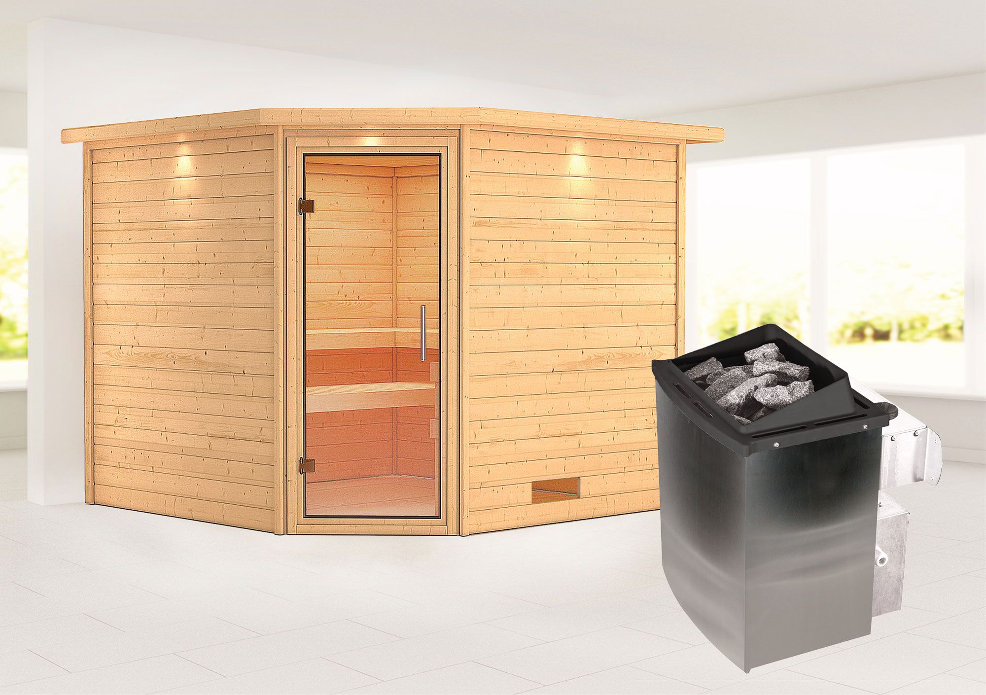Sauna "Anesa" SET AKTION mit Klarglastür, Kranz & Ofen 9 kW - 259 x 245 x 202 cm (B x T x H)