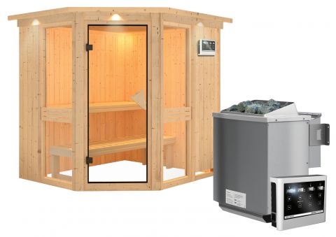Sauna Alessia 02, 68 mm Wandstärke - 210 x 184 x 202 cm (B x T x H) - Ausführung:inkl. Bio-Ofen mit externer Steuerung