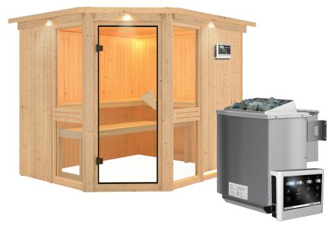 Sauna Alessia 04, 68 mm Wandstärke - 245 x 210 x 202 cm (B x T x H) - Ausführung:inkl. Bio-Ofen mit externer Steuerung