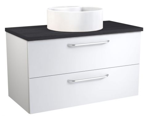 Zweifarbiger Waschtischunterschrank Barasat 57, Weiß glänzend / Eiche Schwarz, 53 x 90 x 45 cm, rundes Keramik-Waschbecken, 2 Schubladen, Soft Close System