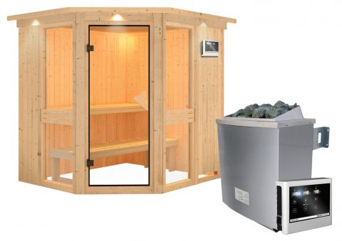 Sauna Alessia 02, 68 mm Wandstärke - 210 x 184 x 202 cm (B x T x H) - Ausführung:inkl. Ofen mit externer Steuerung
