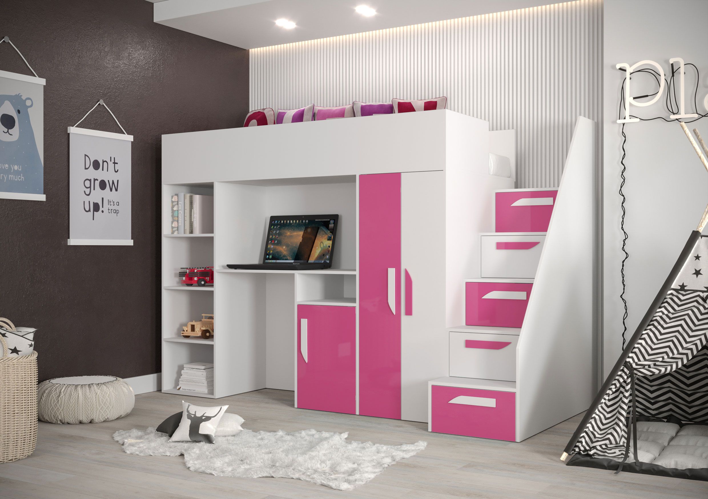 Funktionsbett / Kinderbett / Hochbett-Kombination mit Stauraum und Schreibtisch Jura 17, Farbe: Weiß / Pink - Abmessungen: 165 x 247 x 120 cm (H x B x T)