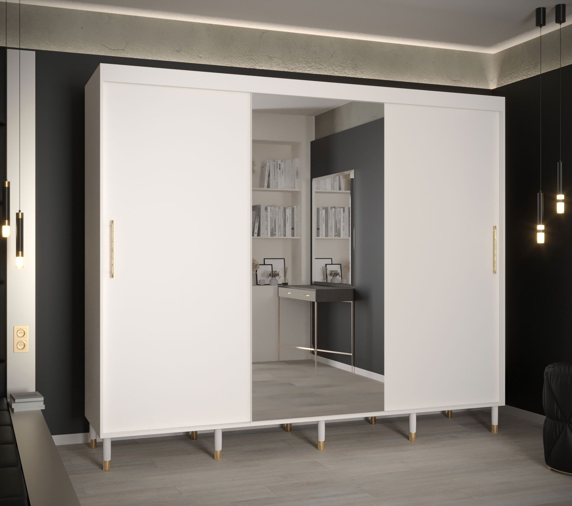 Großer Kleiderschrank mit einer Spiegeltür Jotunheimen 251, Farbe: Weiß - Abmessungen: 208 x 250,5 x 62 cm (H x B x T)