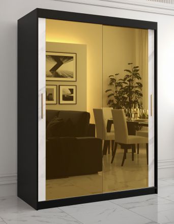 Moderner Kleiderschrank mit zwei Spiegeltüren Hochfeiler 82, Farbe: Schwarz / Weißer Marmor - Abmessungen: 200 x 150 x 62 cm (H x B x T), mit zwei Kleiderstangen