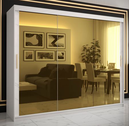 Moderner Kleiderschrank mit drei großen Spiegeltüren Hochfeiler 95, Farbe: Weiß / Weißer Marmor - Abmessungen: 200 x 250 x 62 cm (H x B x T), mit 10 Fächern und zwei Kleiderstangen