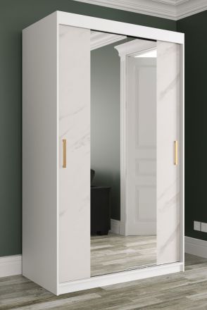 Außergewöhnlicher Kleiderschrank Ätna 56, Farbe: Weiß matt / Weißer Marmor - Abmessungen: 200 x 120 x 62 cm (H x B x T), mit großen Spiegel