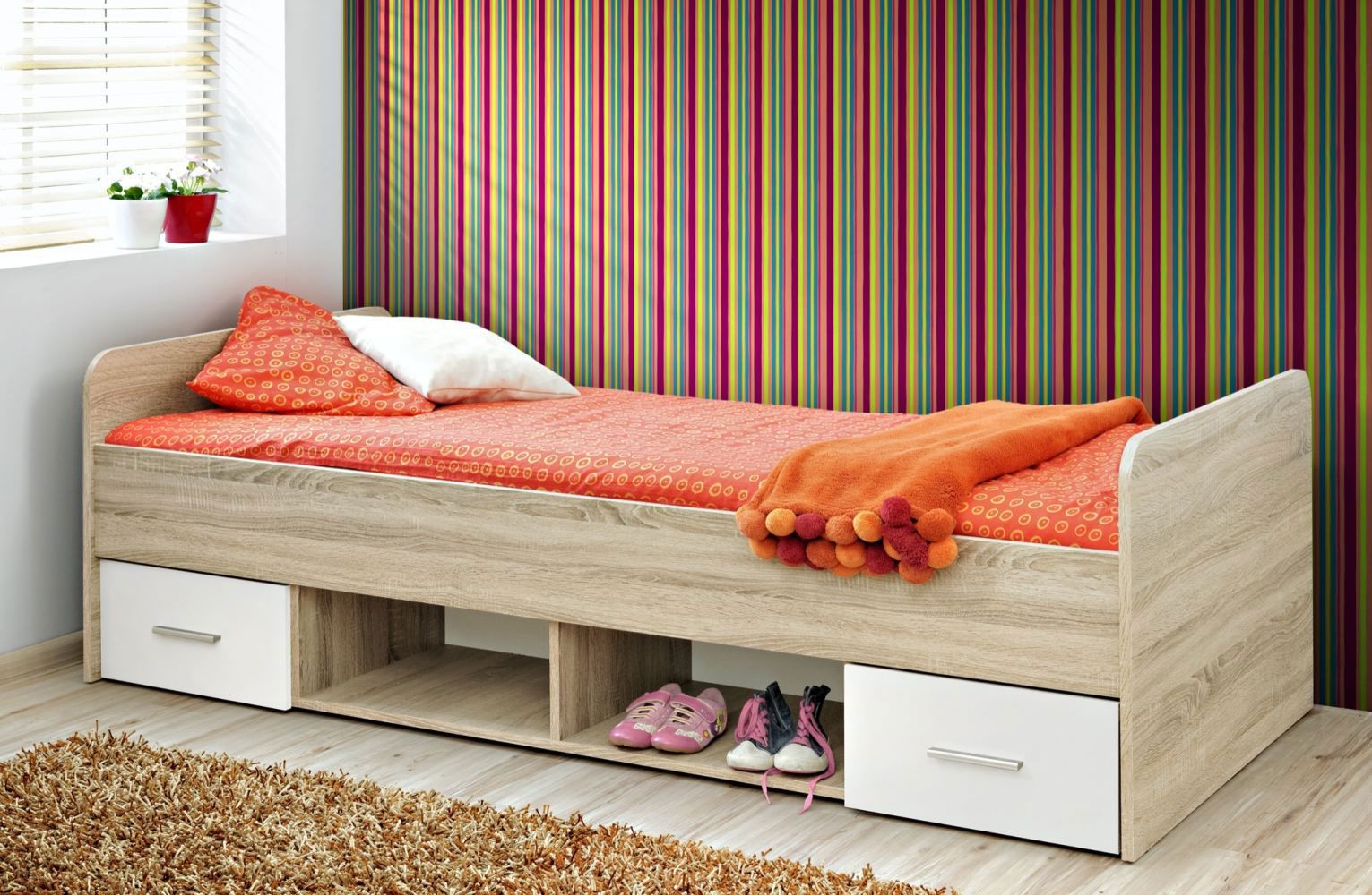Einzelbett mit zwei Schubladen und zwei offenen Fächern Velle 05, Farbe: Eiche Sonoma / Weiß - Abmessungen: 90 x 200 cm