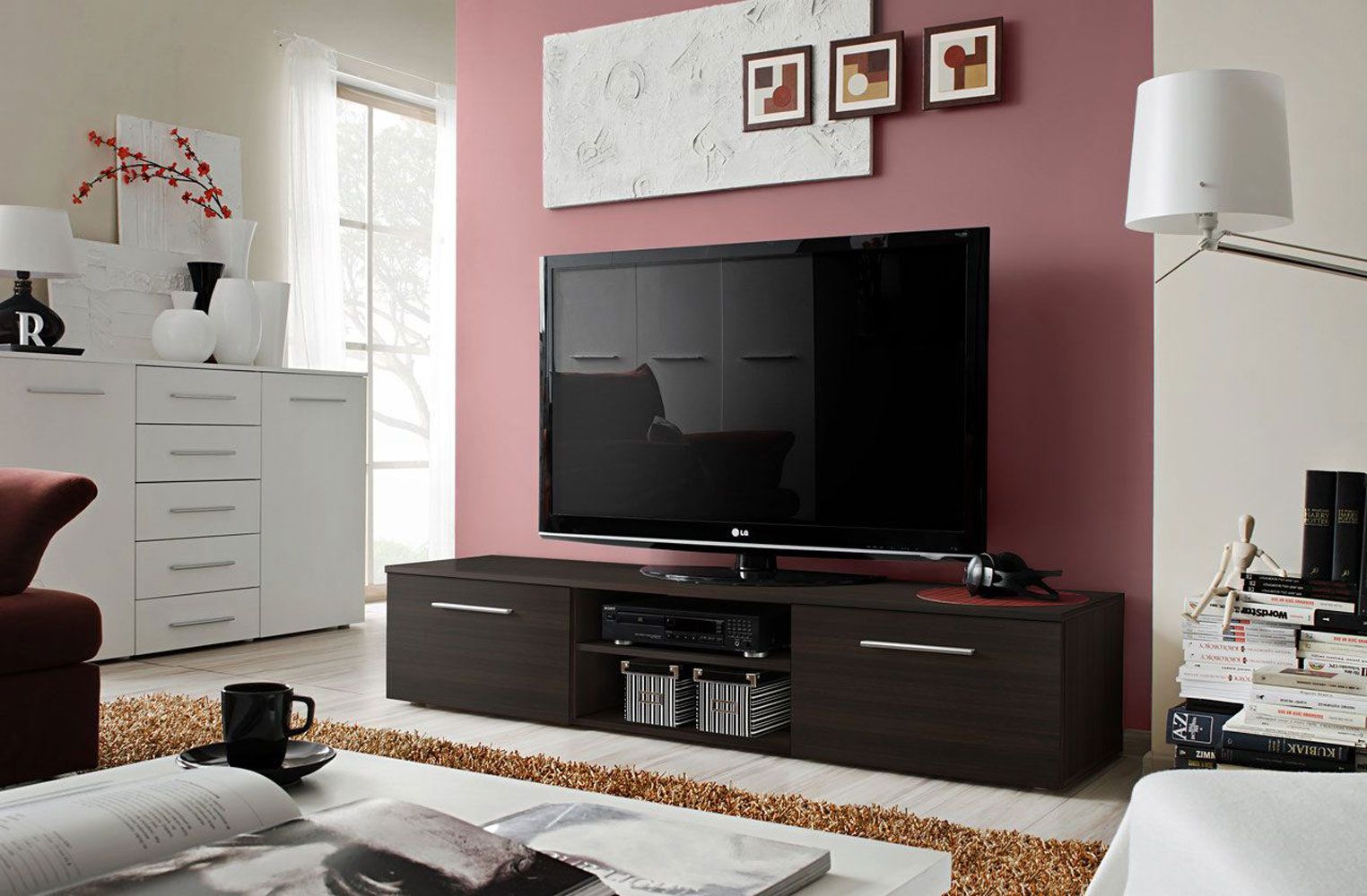 Schlichter TV-Unterschrank Salmeli 21, Farbe: Schwarz - Abmessungen: 35 x 180 x 45 cm (H x B x T), mit zwei Türen