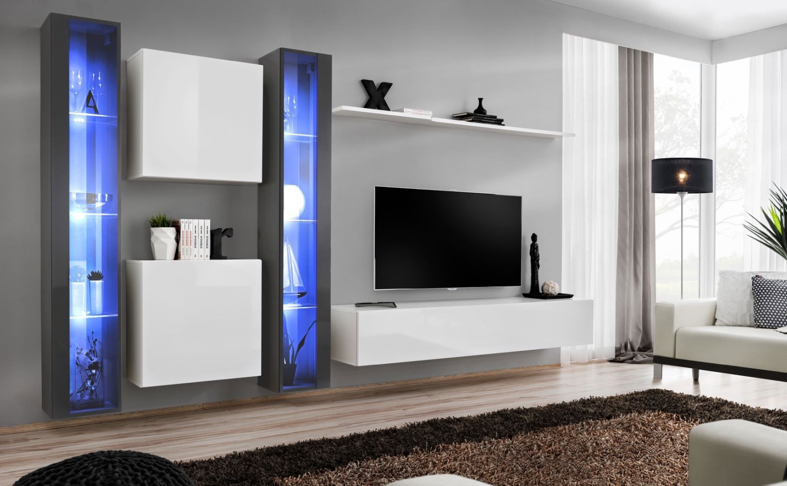 Wohnwand mit zwei Hängeschränke Balestrand 248, Farbe: Grau / Weiß - Abmessungen: 180 x 330 x 40 cm (H x B x T), mit Push-to-open Funktion