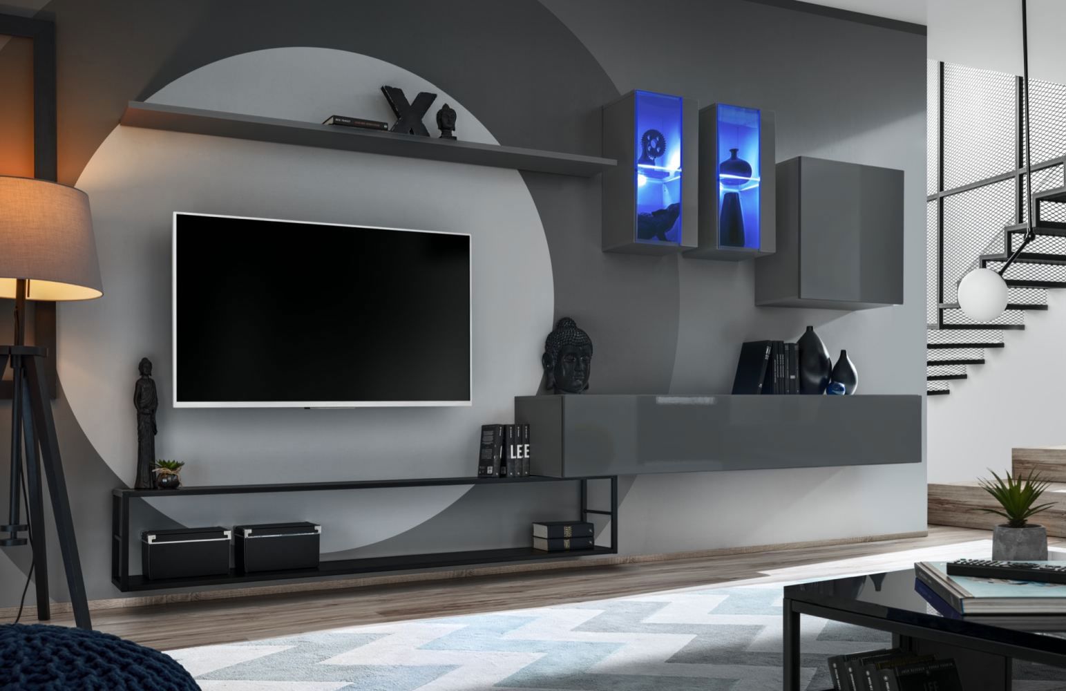 moderne wohnwand valand 03, farbe: grau - abmessungen: 180 x 330 x