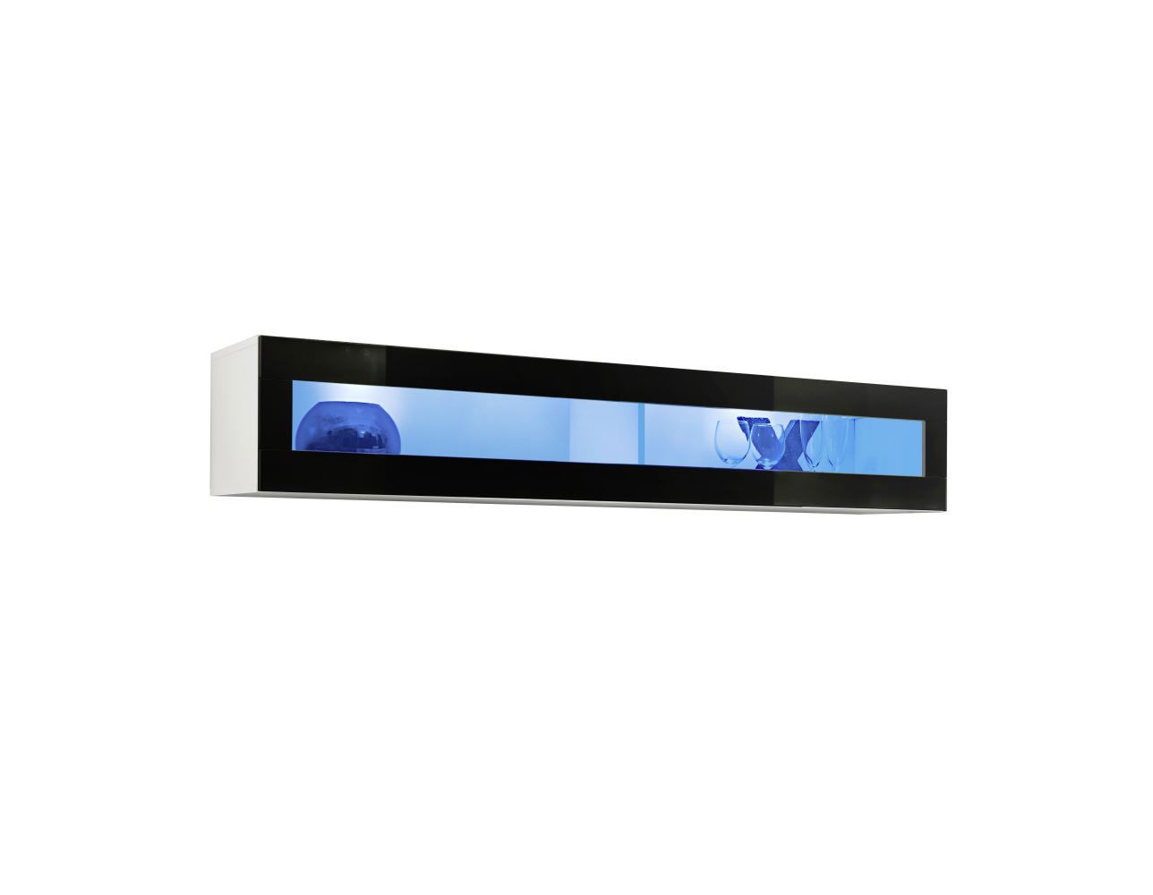 Hängevitrine mit zwei Fächern Raudberg 38, Farbe: Weiß / Schwarz - Abmessungen: 30 x 160 x 29 cm (H x B x T), mit blauer LED-Beleuchtung