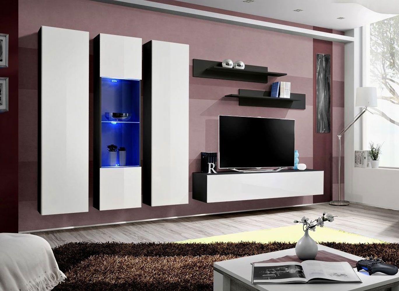 Wohnwand mit zwei Hängeschränke Hompland 39, Farbe: Weiß / Schwarz - Abmessungen: 170 x 260 x 40 cm (H x B x T), mit Push-to-open Funktion