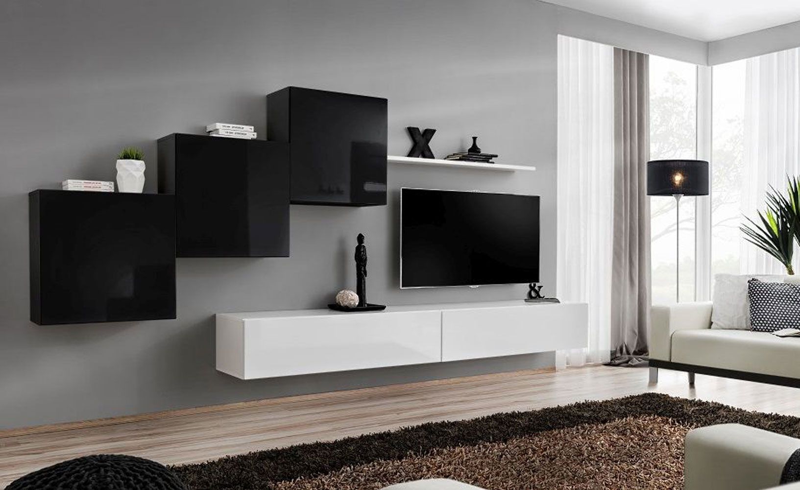 Elegante Wohnwand Balestrand 150, Farbe: Schwarz / Weiß - Abmessungen: 150 x 330 x 40 cm (H x B x T), mit Push-to-open Funktion