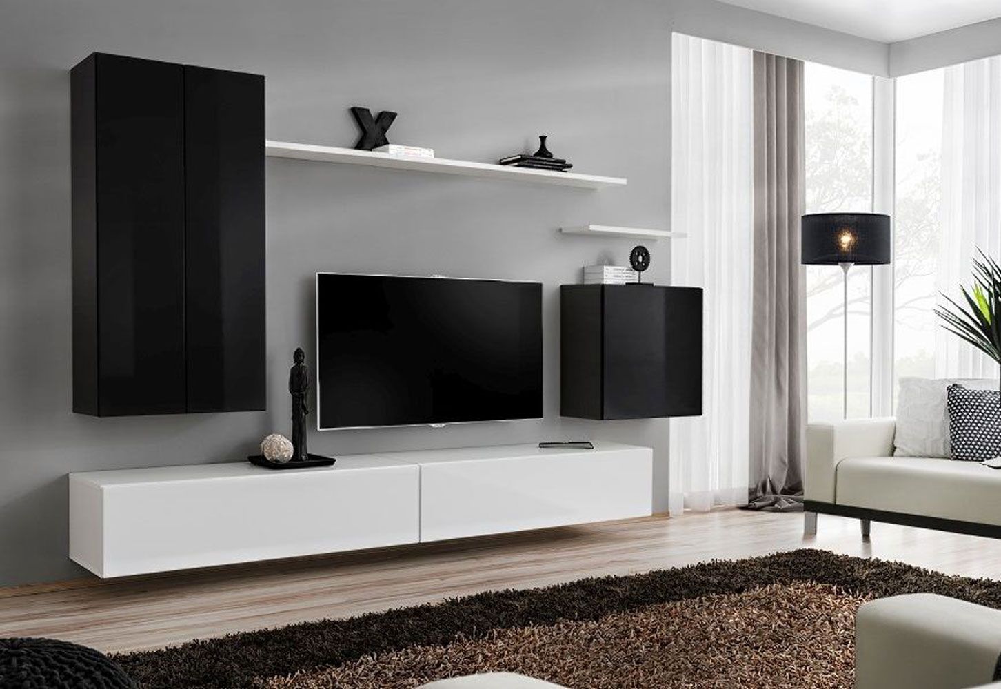 Moderne Wohnwand Balestrand 22, Farbe: Schwarz / Weiß - Abmessungen: 160 x 270 x 40 cm (H x B x T), mit 12 Fächern