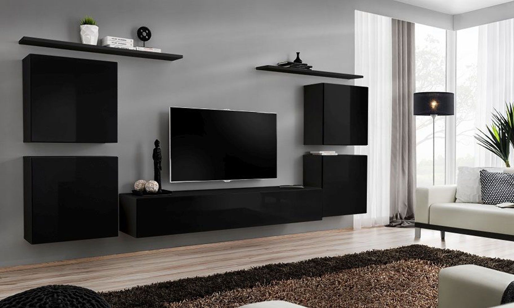 Wohnwand im modernen Design Balestrand 50, Farbe: Schwarz - Abmessungen: 150 x 320 x 40 cm (H x B x T), mit fünf Türen