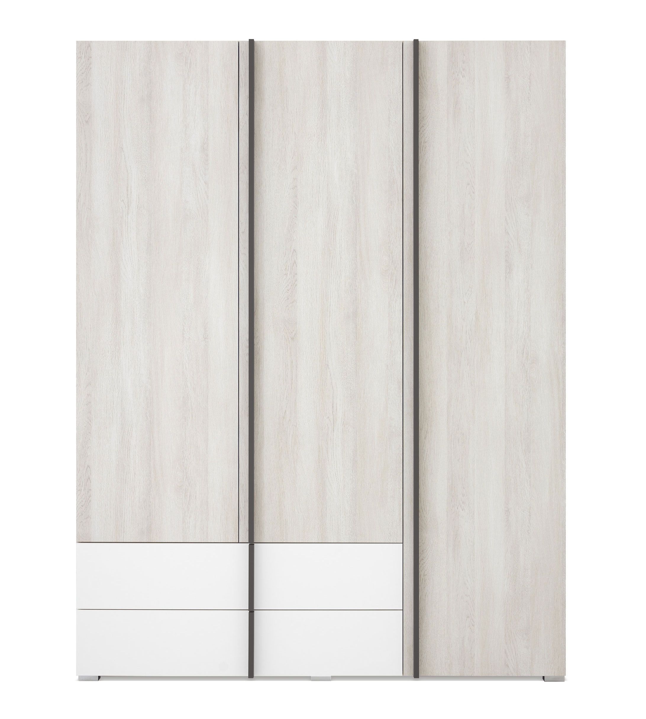 Großer Schrank mit drei Türen Schilde 01, Farbe: Eiche Weiß / Weiß / Anthrazit  - Abmessungen: 195 x 150 x 53 cm (H x B x T)