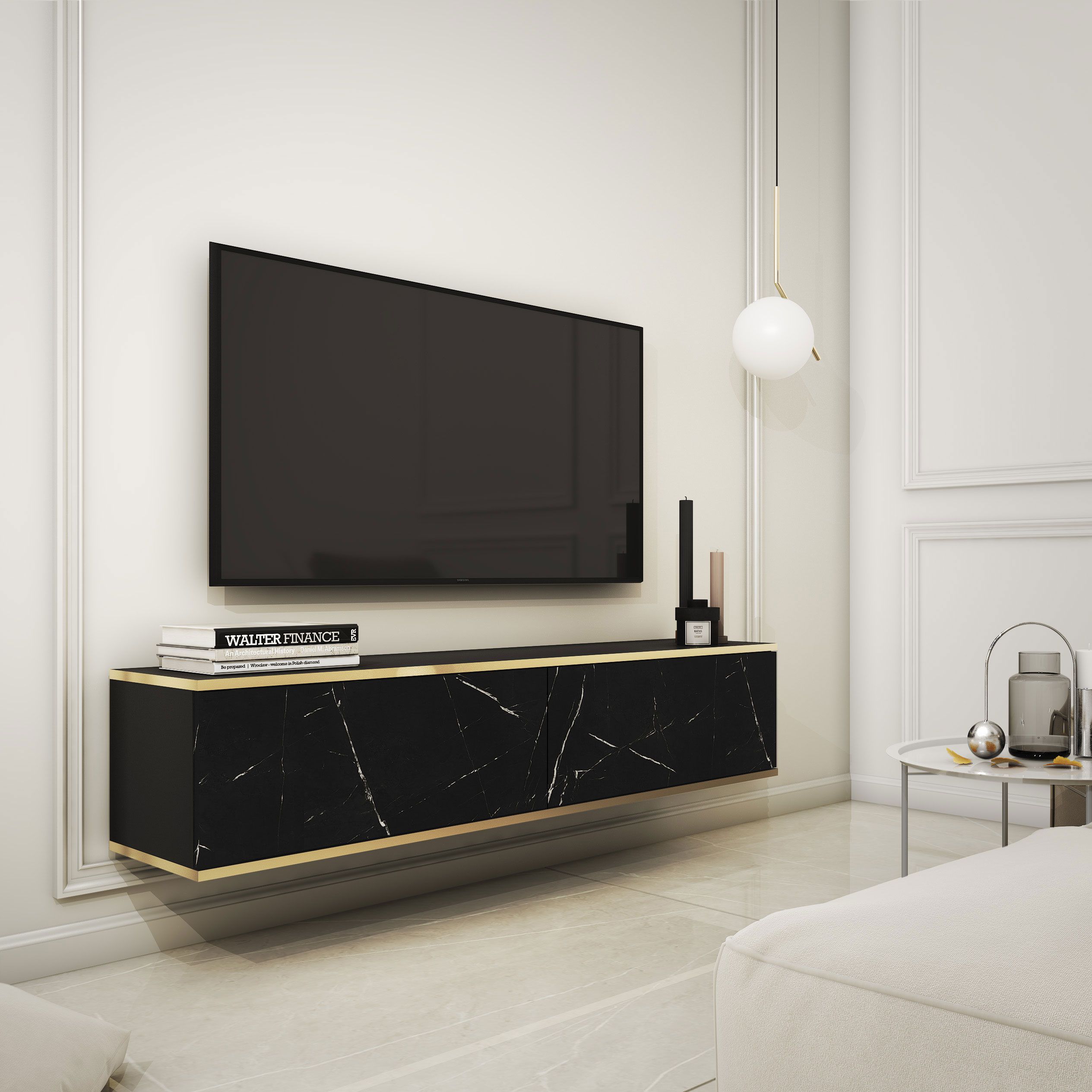TV-Unterschrank im edlen Design Horsham 10, Farbe: Schwarzer Marmor - Abmessungen: 30 x 135 x 32 cm (H x B x T)