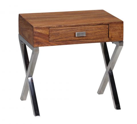 Eleganter Nachttisch aus Sheesham Massivholz, Farbe: Sheesham / Chrome - Abmessungen: 50 x 45 x 45 cm (H x B x T), jedes Möbel ein Unikat