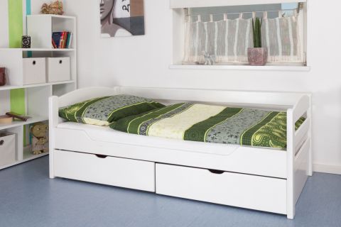 Einzelbett / Stauraumbett "Easy Premium Line" K1/n/s inkl 2 Schubladen und 2 Abdeckblenden, 90 x 200 cm Buche Vollholz weiß lackiert
