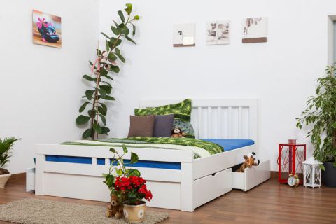 Doppelbett / Stauraumbett "Easy Premium Line" K8 inkl. 4 Schubladen und 2 Abdeckblenden, 160 x 200 cm Buche Vollholz massiv weiß lackiert