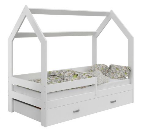 Kinderbett / Hausbett Kiefer Vollholz massiv weiß lackiert D3, inkl. Lattenrost - Liegefläche: 80 x 160 cm (B x L)