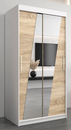 Schiebetürenschrank / Kleiderschrank Guajara 01 mit Spiegel, Farbe: Weiß matt / Eiche Sonoma - Abmessungen: 200 x 100 x 62 cm (H x B x T)
