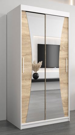 Schiebetürenschrank / Kleiderschrank Serbota 01 mit Spiegel, Farbe: Weiß matt / Eiche Sonoma - Abmessungen: 200 x 100 x 62 cm ( H x B x T )