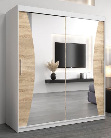Schiebetürenschrank / Kleiderschrank Serbota 04 mit Spiegel, Farbe: Weiß matt / Eiche Sonoma - Abmessungen: 200 x 180 x 62 cm ( H x B x T )