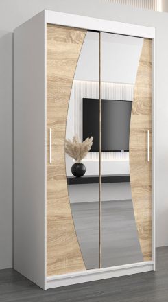 Schiebetürenschrank / Kleiderschrank Combin 01 mit Spiegel, Farbe: Weiß matt / Eiche Sonoma - Abmessungen: 200 x 100 x 62 cm (H x B x T)