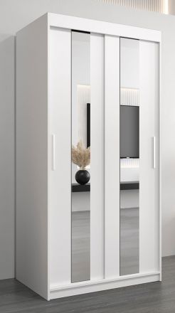 Schiebetürenschrank / Kleiderschrank Polos 01 mit Spiegel, Farbe: Weiß matt - Abmessungen: 200 x 100 x 62 cm (H x B x T)