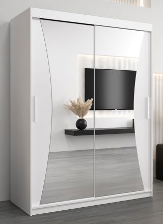 Schiebetürenschrank / Kleiderschrank Serbota 03 mit Spiegel, Farbe: Weiß matt - Abmessungen: 200 x 150 x 62 cm ( H x B x T )
