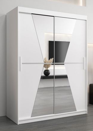 Schiebetürenschrank / Kleiderschrank Naranco 03 mit Spiegel, Farbe: Weiß matt - Abmessungen: 200 x 150 x 62 cm ( H x B x T)