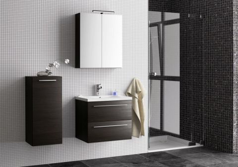 Badezimmermöbel - Set E Rajkot, 3-teilig inkl. Waschtisch / Waschbecken, Farbe: Eiche Schwarz