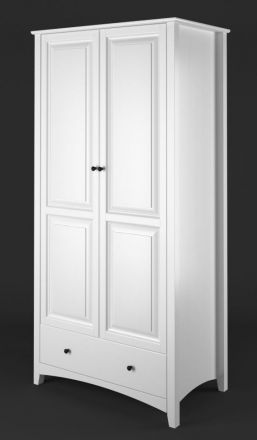 Edler Kleiderschrank in Weiß mit großen Schublade Lagopus 118, Kiefer Massivholz, 200 x 92 x 60 cm, 2 Türen, 1 Kleiderstange, 3 Einlegeböden, 4 Fächer