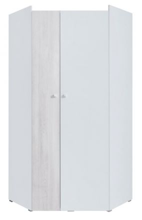 Jugendzimmer - Drehtürenschrank / Eckkleiderschrank Floreffe 02, Farbe: Weiß / Eiche weiß - Abmessungen: 190 x 90 x 90 cm (H x B x T)
