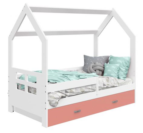 Kinderbett / Hausbett Kiefer Vollholz massiv weiß lackiert D3D, Schublade: Rosa, inkl. Lattenrost - Liegefläche: 80 x 160 cm (B x L)