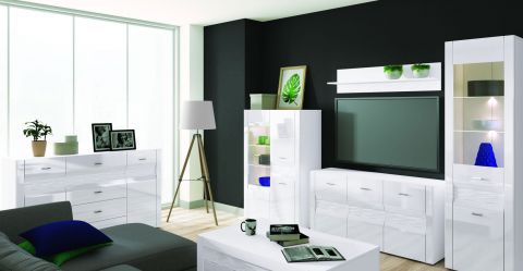 Wohnzimmer Komplett - Set B Heber, 6-teilig, Farbe: Weiß / Weiß Glanz
