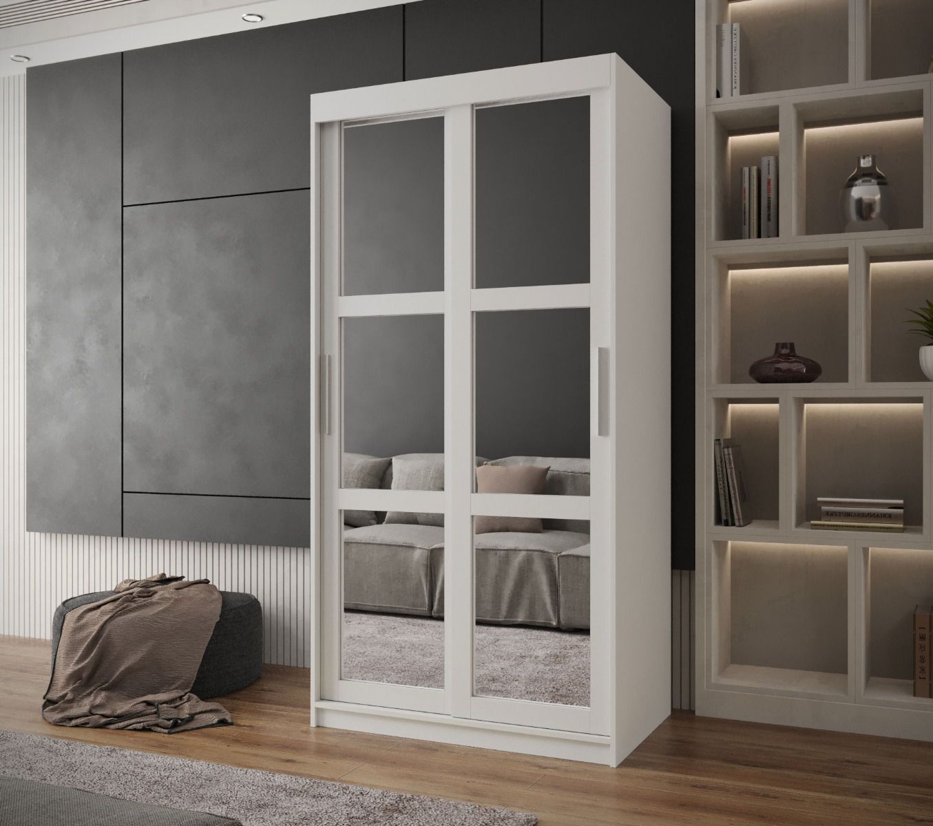 Moderner Kleiderschrank mit Spiegeltüren Elbrus 01, Weiß Matt, Maße: 200 x 100 x 62 cm, 5 Holzeinlegeböden, 2 Kleiderstangen
