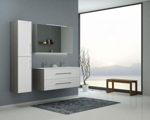 Badezimmermöbel - Set S Bengaluru, 3-teilig inkl. Waschtisch / Waschbecken, Farbe: Weiß matt / Esche Grau
