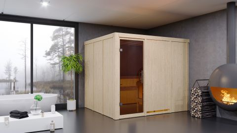 Sauna Sara 05, 68 mm Wandstärke - 231 x 196 x 198 cm (B x T x H) - Ausführung:inkl. Ofen mit externer Steuerung