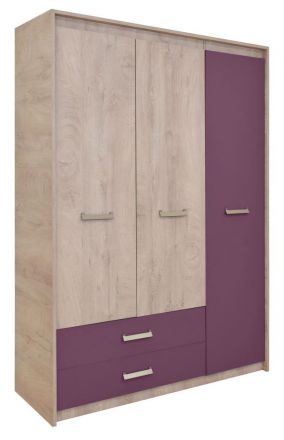 Kinderzimmer - Drehtürenschrank / Kleiderschrank Koa 03, Farbe: Eiche / Violett - Abmessungen: 203 x 142 x 52 cm (H x B x T)