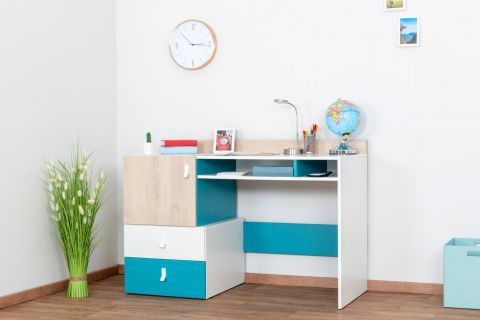 Jugendzimmer - Schreibtisch Aalst 23, Farbe: Eiche / Weiß / Blau - Abmessungen: 86 x 125 x 55 cm (H x B x T)