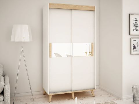 Schiebetürenschrank / Kleiderschrank Perdito 02A mit Spiegel, Farbe: Weiß matt / Buche - Abmessungen: 208 x 120,5 x 62 cm ( H x B x T)