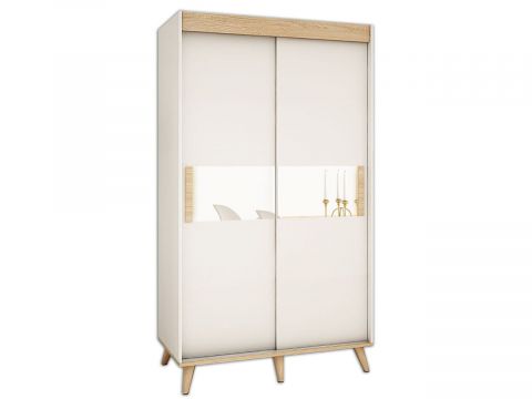 Schiebetürenschrank / Kleiderschrank Perdito 03A mit Spiegel, Farbe: Weiß matt / Buche - Abmessungen: 208 x 150,5 x 62 cm ( H x B x T)