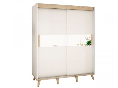 Schiebetürenschrank / Kleiderschrank Perdito 04A mit Spiegel, Farbe: Weiß matt / Buche - Abmessungen: 208 x 180,5 x 62 cm ( H x B x T)